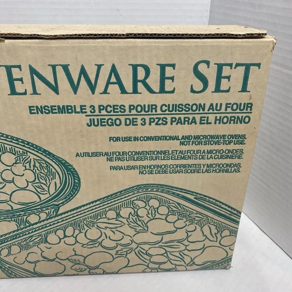 Indiana Glass Madeira 3pc Green Ovenware Set Casseroles Libbey Orchard Fruit VTG